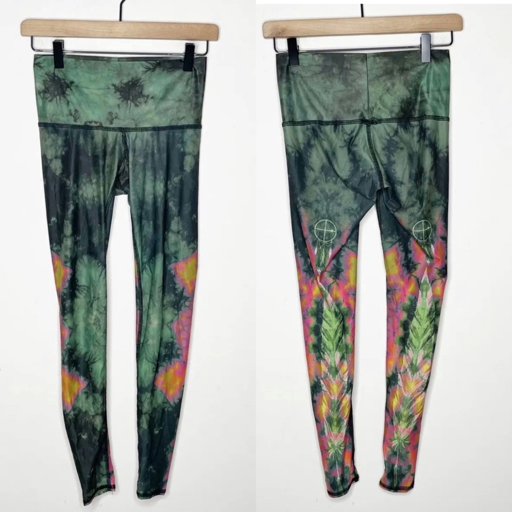 Teeki Hot Yoga Leggings Pant Eagle Feather Green Tie Dye Size XS